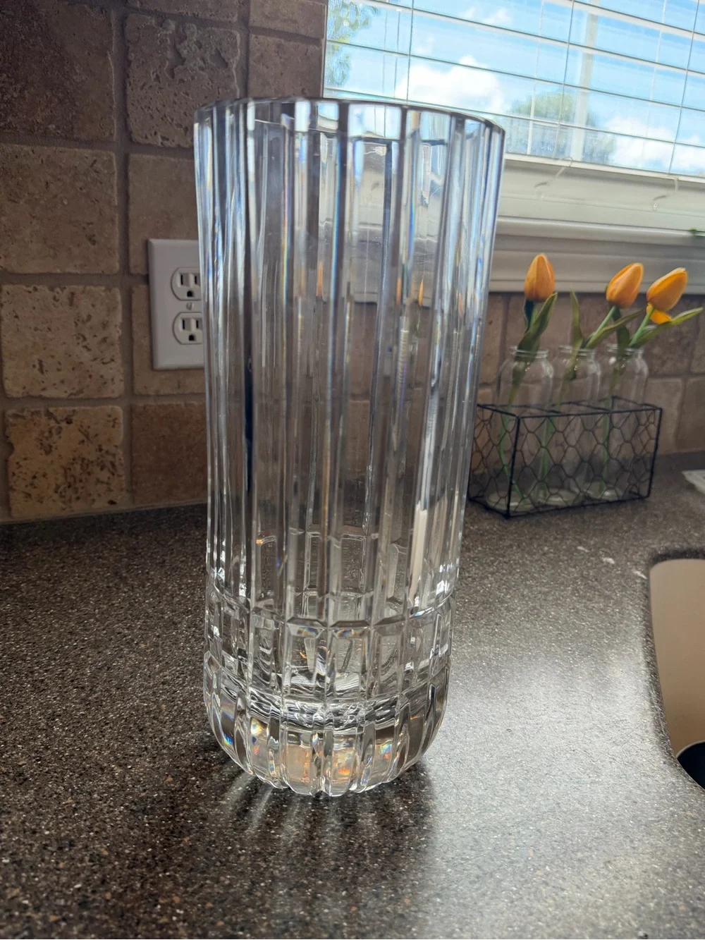 Tall Cut Crystal Glass Vase Starburst Base 12” Heavy Statement Vase